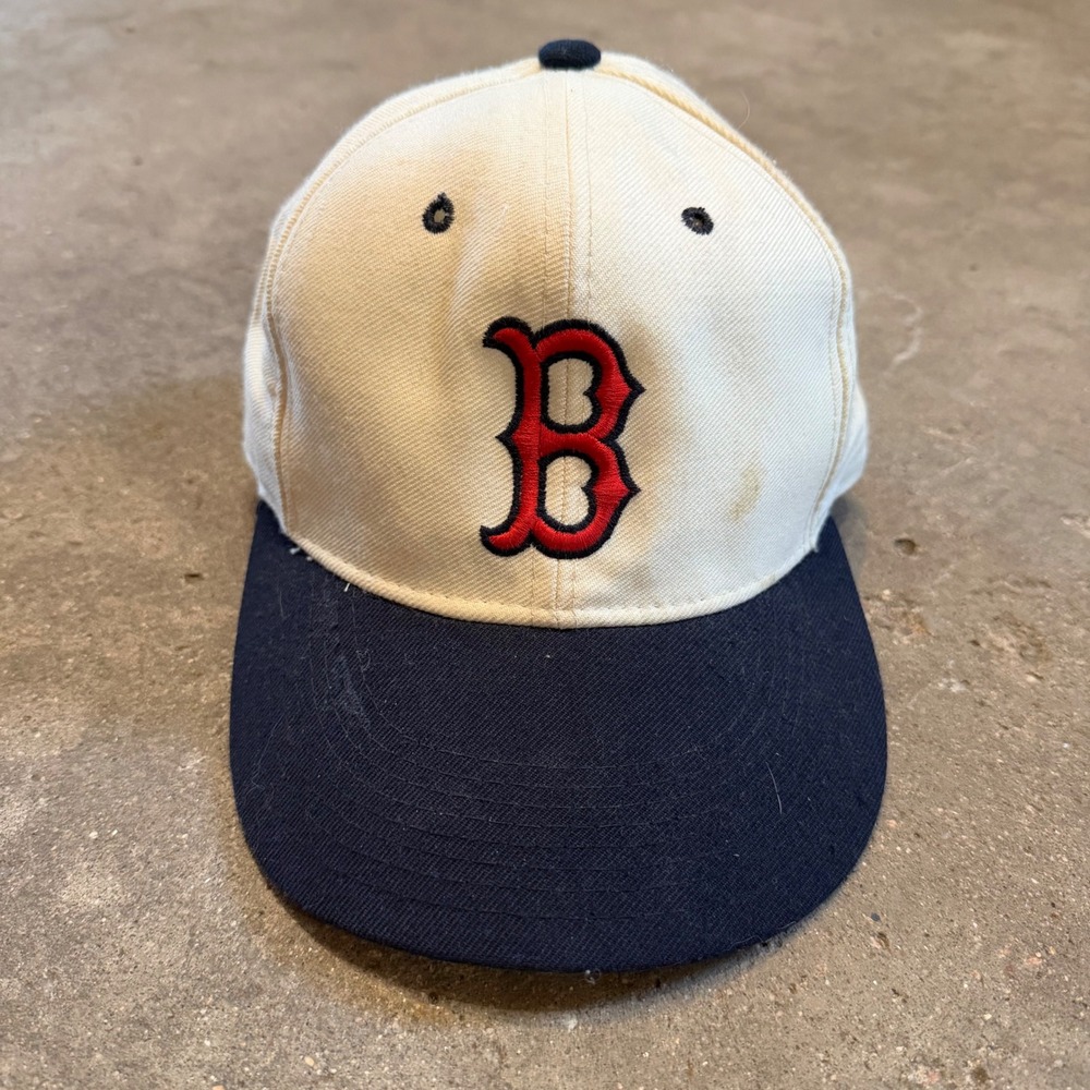 Vintage 90 New Era Boston Red Sox Hat Mens 7 Cream Navy MLB Pro Model Fitted Cap